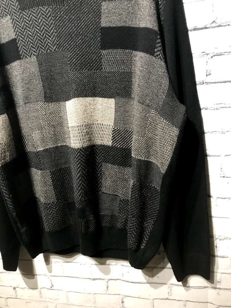 Weatherproof, Men XL, Black/Gray Patchwork Pattern Knit Pullover Sweater Retro