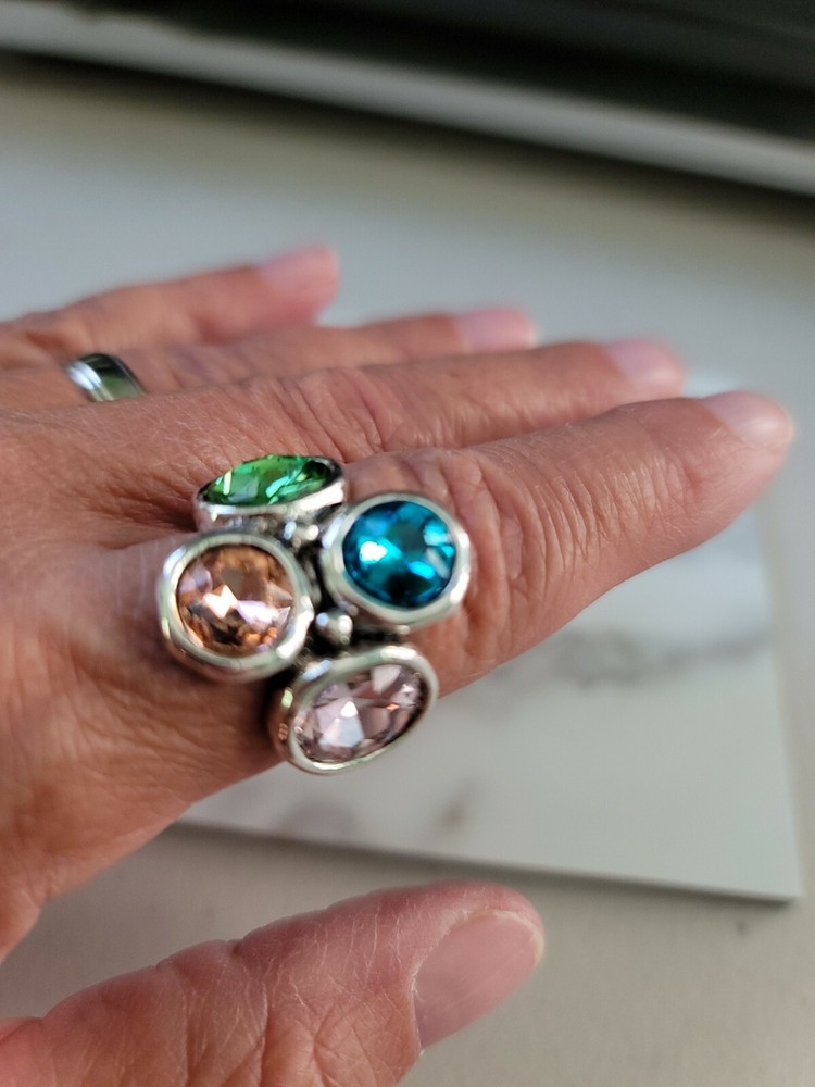 uno de 50 STYLE 4 stone round circle ring crystal Caribbean blue multi silver