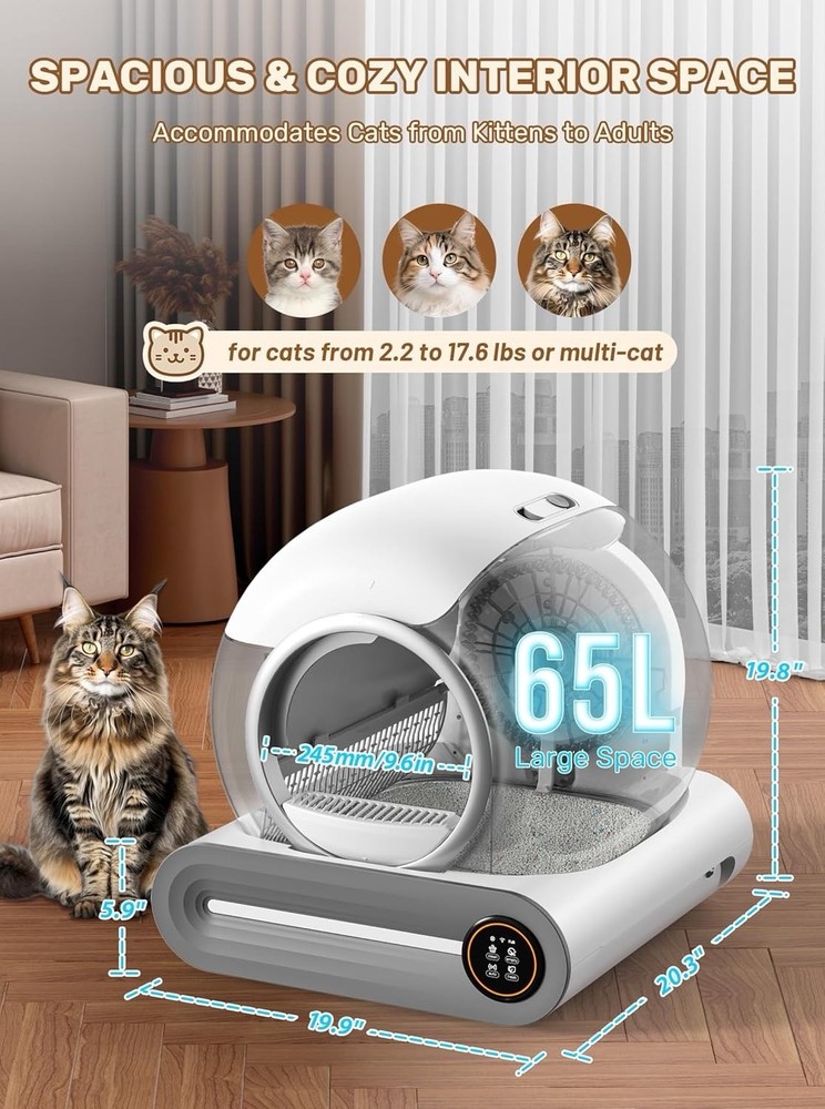 Self-Cleaning Cat Litter Box, App Control, Air Purification, 65L, Secure