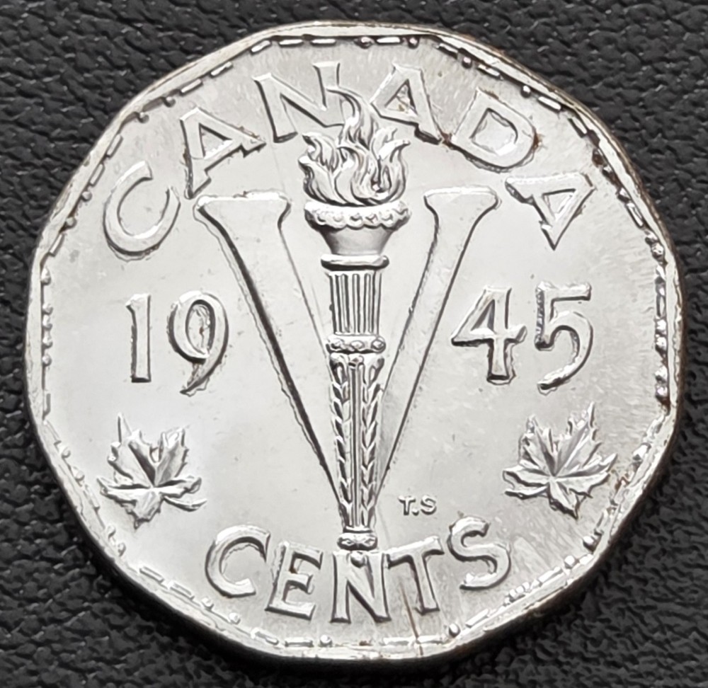 1945 Canada 5-Cent Nickel ***Strong Reverse Doubling*** BU UNC MS63+