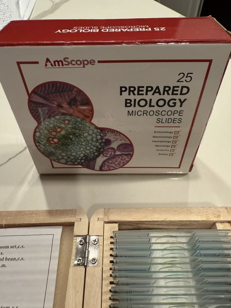 AmScope 25 Prepared Biology Microscope Slides Etymology Hematology NEW Open Box