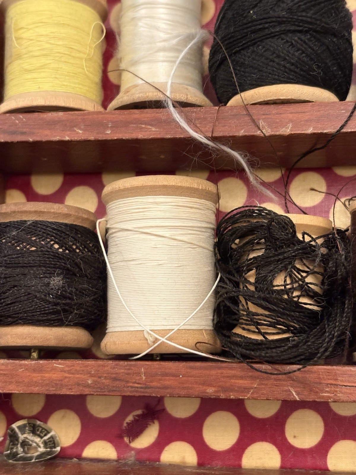 Vintage Case Full Of Wooden Spools Of Thread