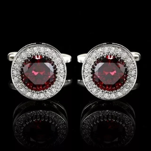 3CT Round Lab Created Ruby Men's Fancy Style Cufflinks 14K White Gold Finish