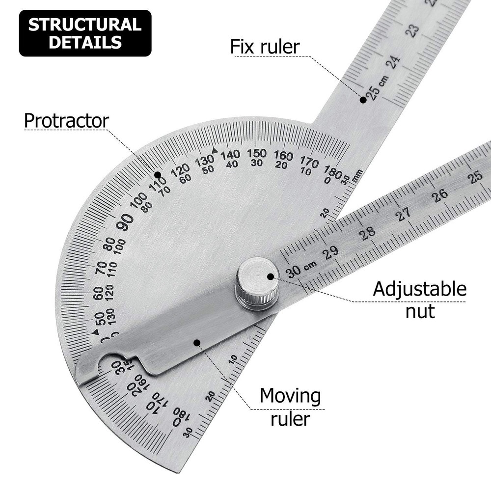 Multi-Functional Angle Protractor - 30cm/11.8'' Stainless Steel Measuring Ruler