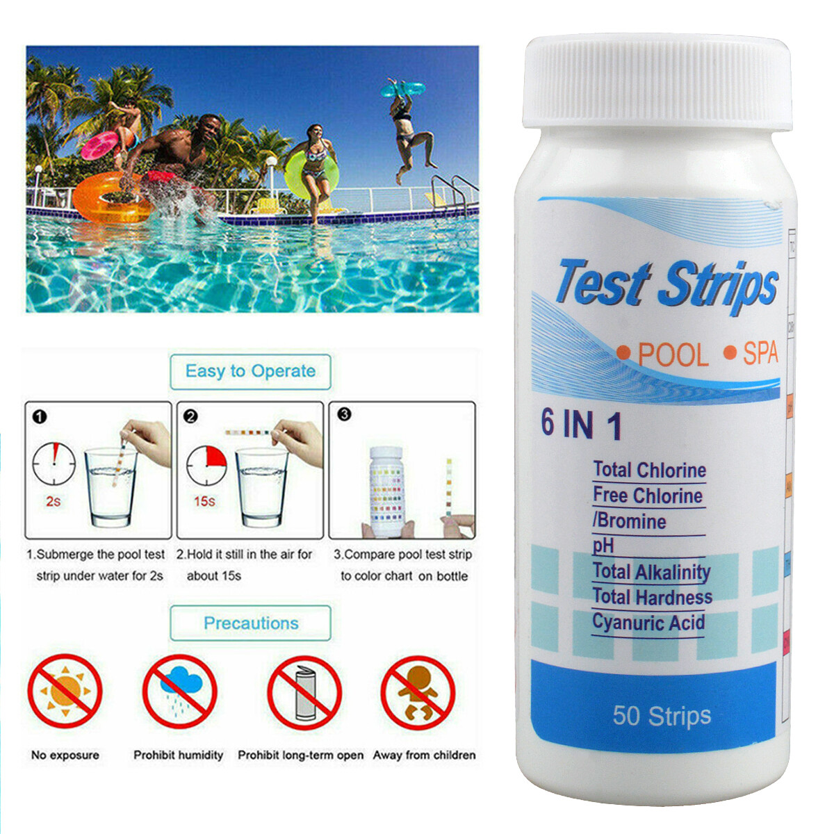 200PCS 6IN1 Chlorine Dip Test Strips Hot Tub SPA Swimming Pool PH Tester Paper