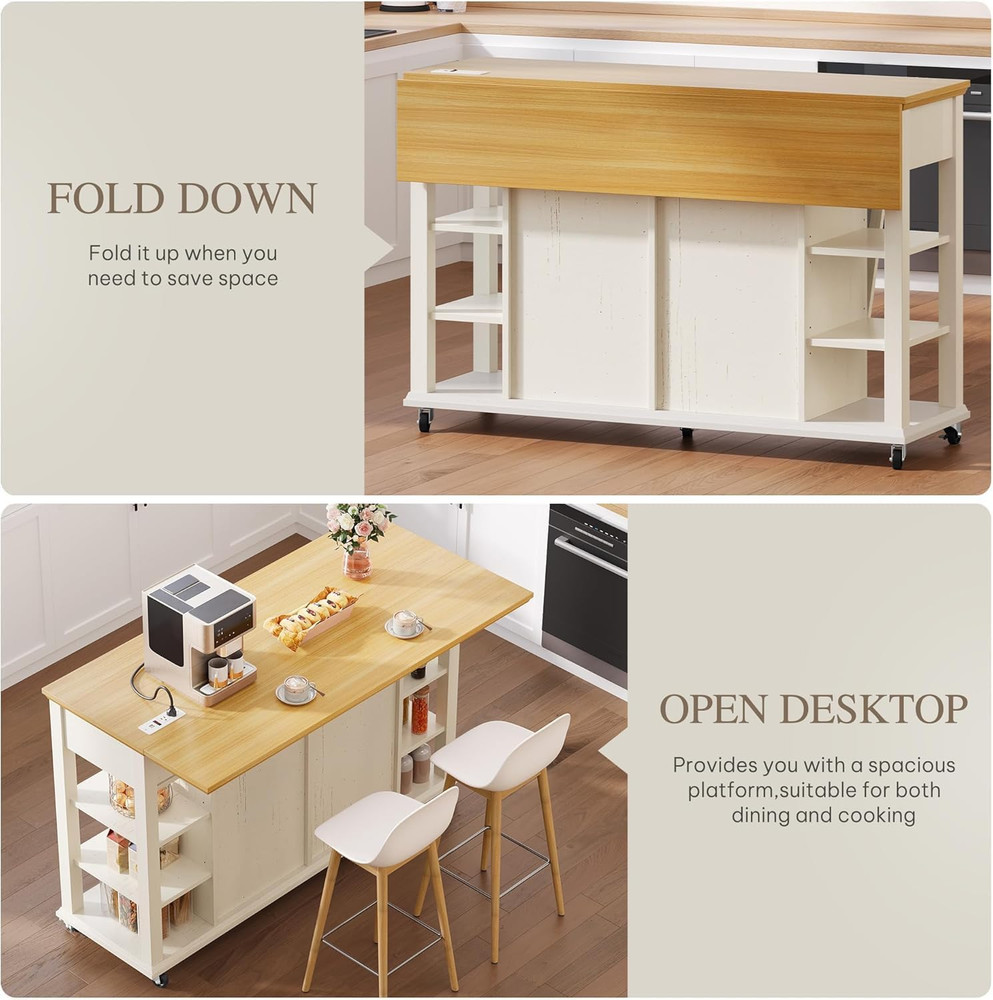 Mobile Kitchen Island with Drop Leaf & Trash Can, Off White Storage Table
