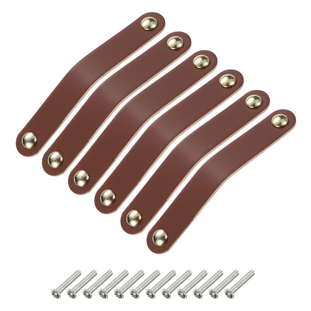 6 Packs Leather Drawer Pulls Double Hole Knobs, Brown/Gold(Hole Spacing:128mm)