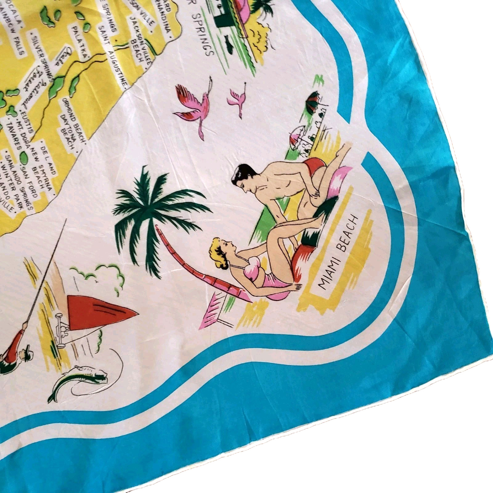 Vintage MCM Florida Map Scarf Rayon Turquoise Blue Hand Rolled Japan 30"X30"