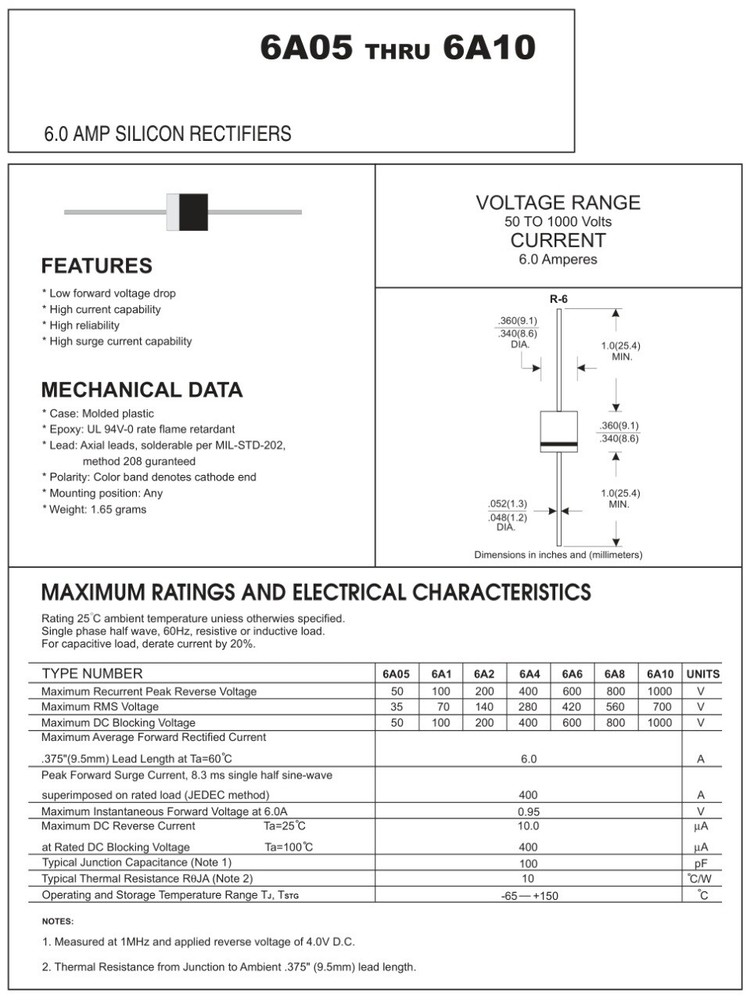 50pcs 6A4 6A 400V R-6 Rectifier Diode NEW
