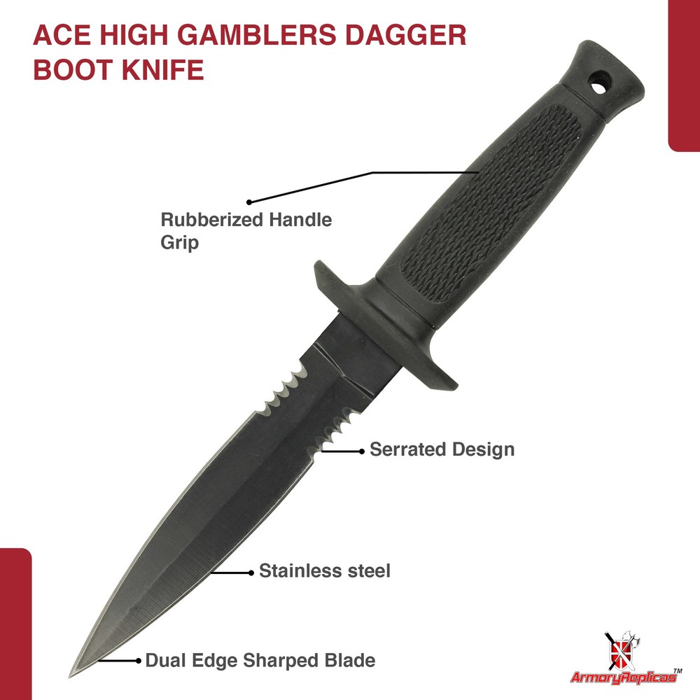 7.8" Ace High Gamblers Dagger: Double Edge Serrated Boot Knife - Tactical EDC