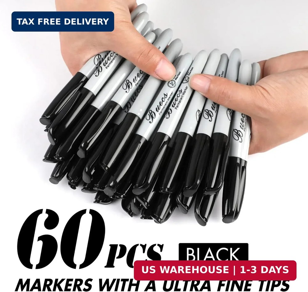 Buecs Permanent Markers, 60 Count Ultra Fine Point Black Permanent Markers, Work