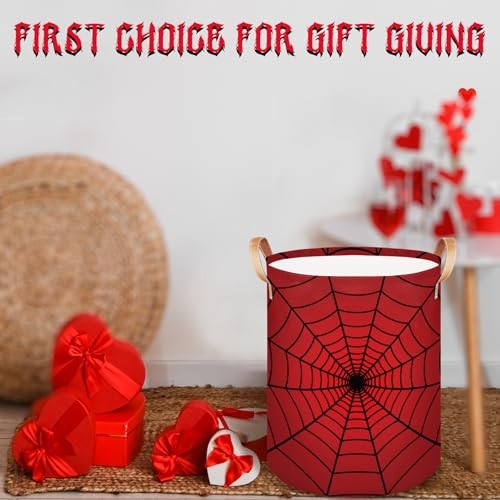 Large Laundry Hamper Basket Red Spider Web Round Freestanding Clothes Basket,