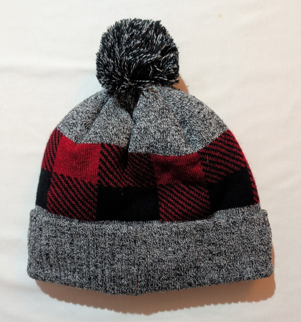 Eskimo Ice Fishing Knit Beanie Adult Gray Red Fleece Lined Winter Hat Pom