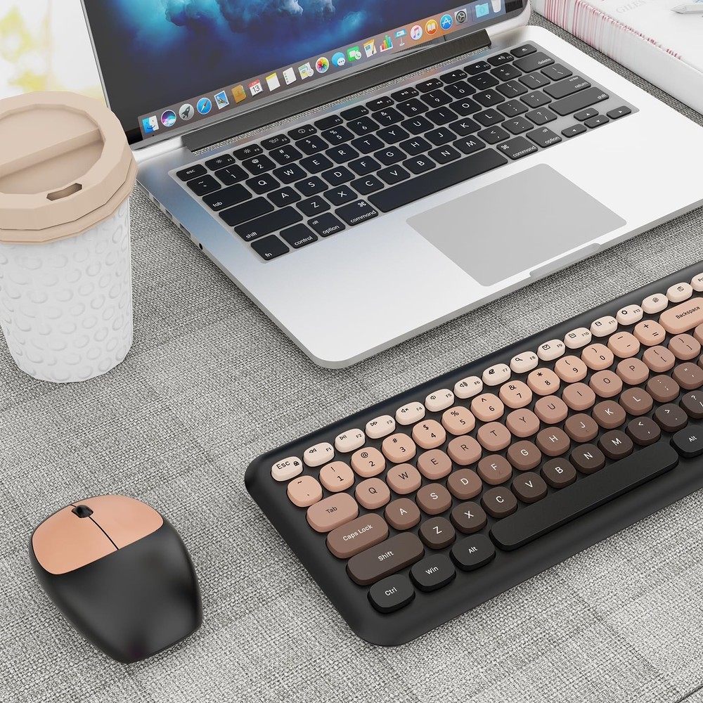 Wireless Keyboard Mouse Combo FullSize Retro Typewriter Round Keycaps Red Set