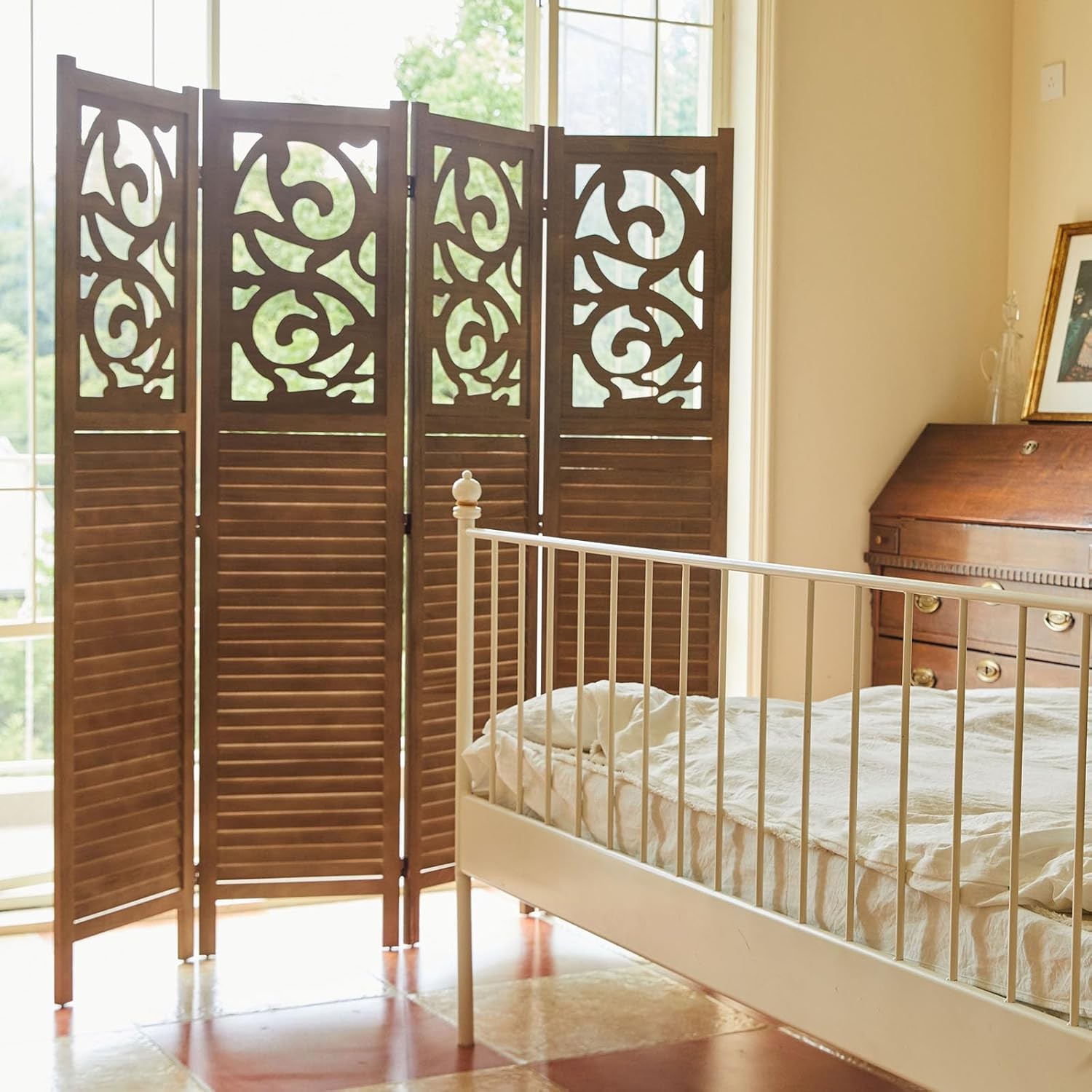 Folding Room Divider, 5.6Ft 4 Panels Wood Carved Privacy Screens,Partition