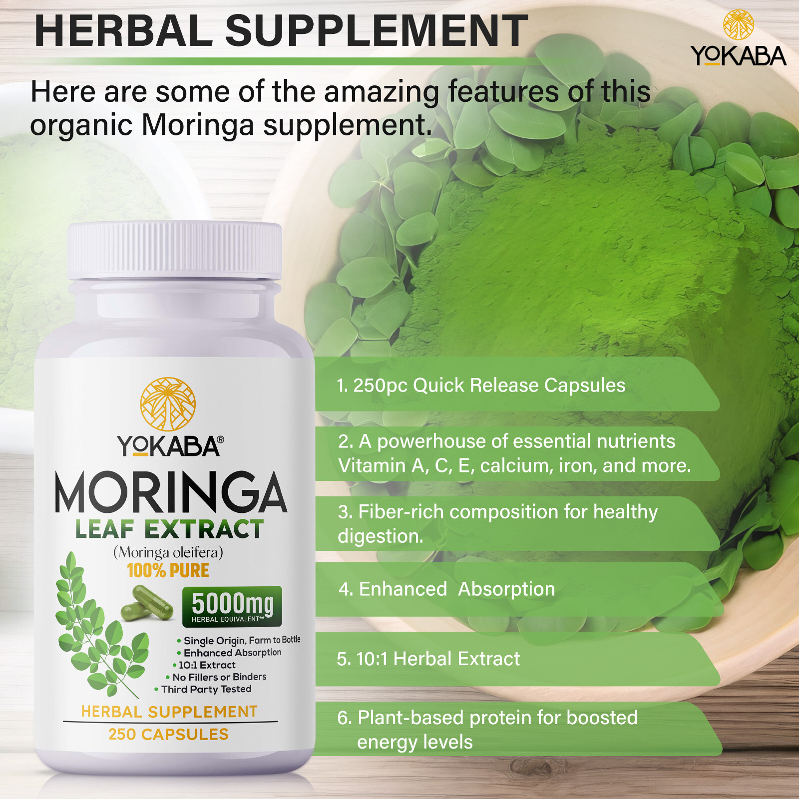 250 Capsules Moringa Oleifera Leaf Powder 5000mg - Organic Herbal Extract YOKABA