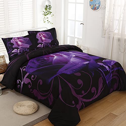 Purple Comforter Set Reversible Purple Rose Pattern Printed Bedding Down Queen