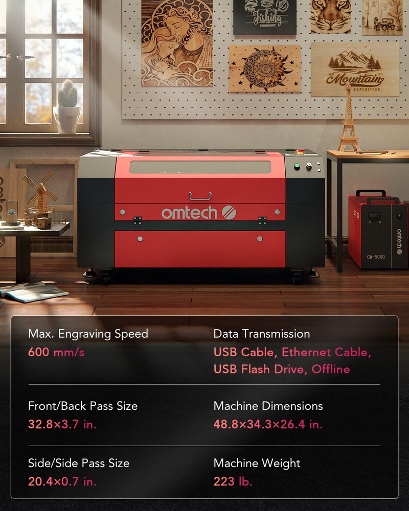 OMTech 20x28 in. 60W CO2 Laser Engraver Cutter with Basic Accessories Combo