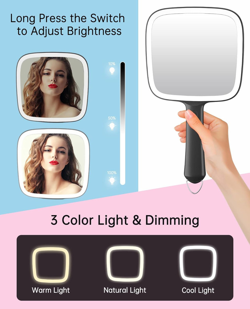 Hand Mirror with 3 Light Color & Dimmable, Lighted Handheld Mirror, Lightweight