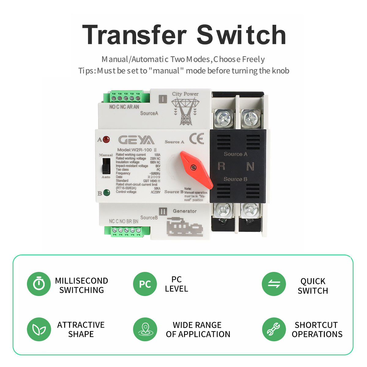 GEYA 2P 100A 220V Dual Power Automatic Transfer Switch Grid to Alternator50/60Hz