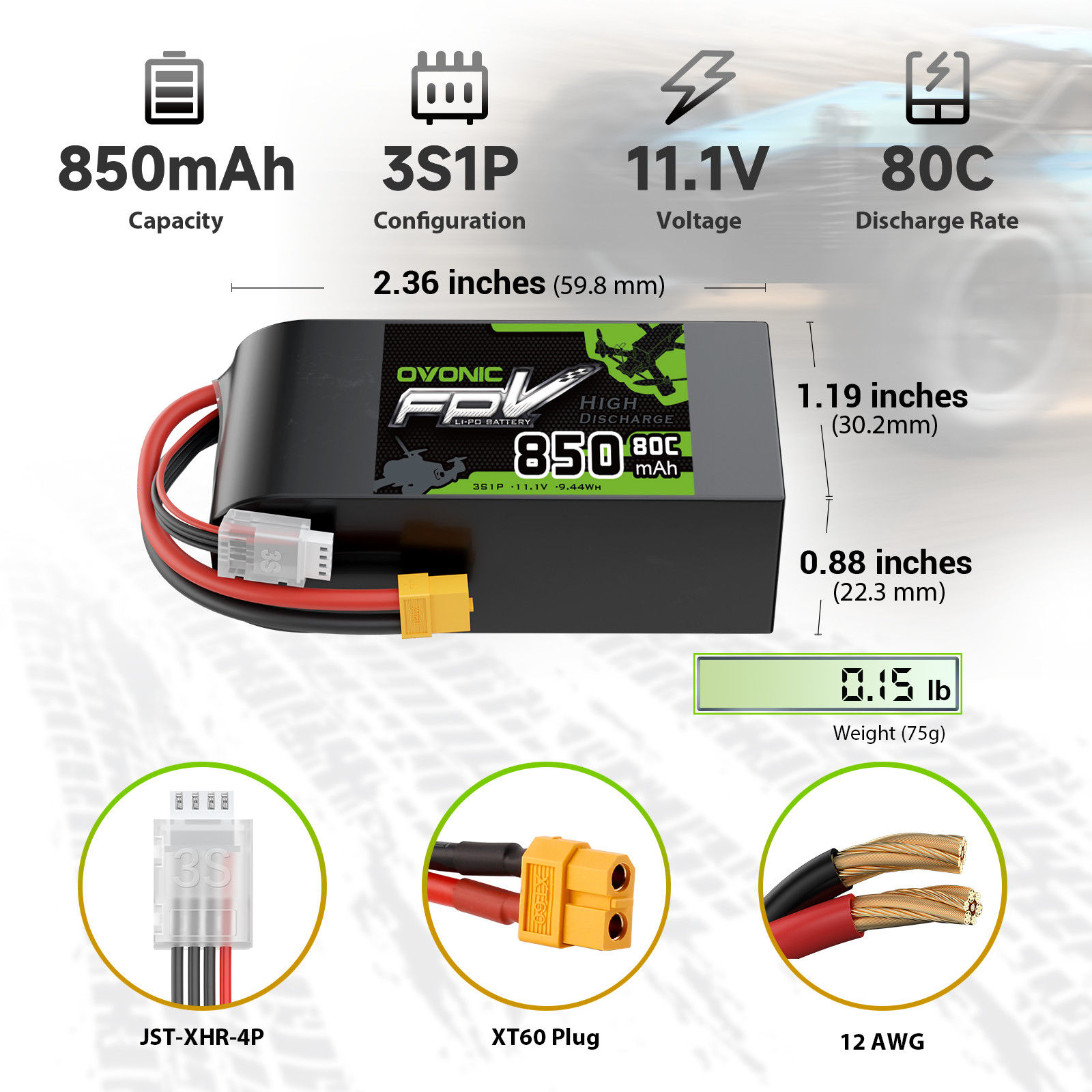 2X OVONIC 11.1V 80C 3S 850mAh Lipo Battery XT60 for Drone FPV Quad crawler