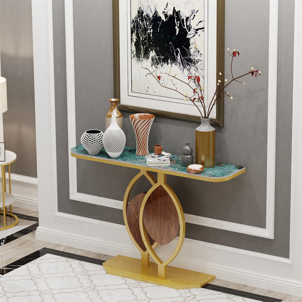 Modern Console Table Sintered Stone entry Table with Geometric/Leaf Golden Base