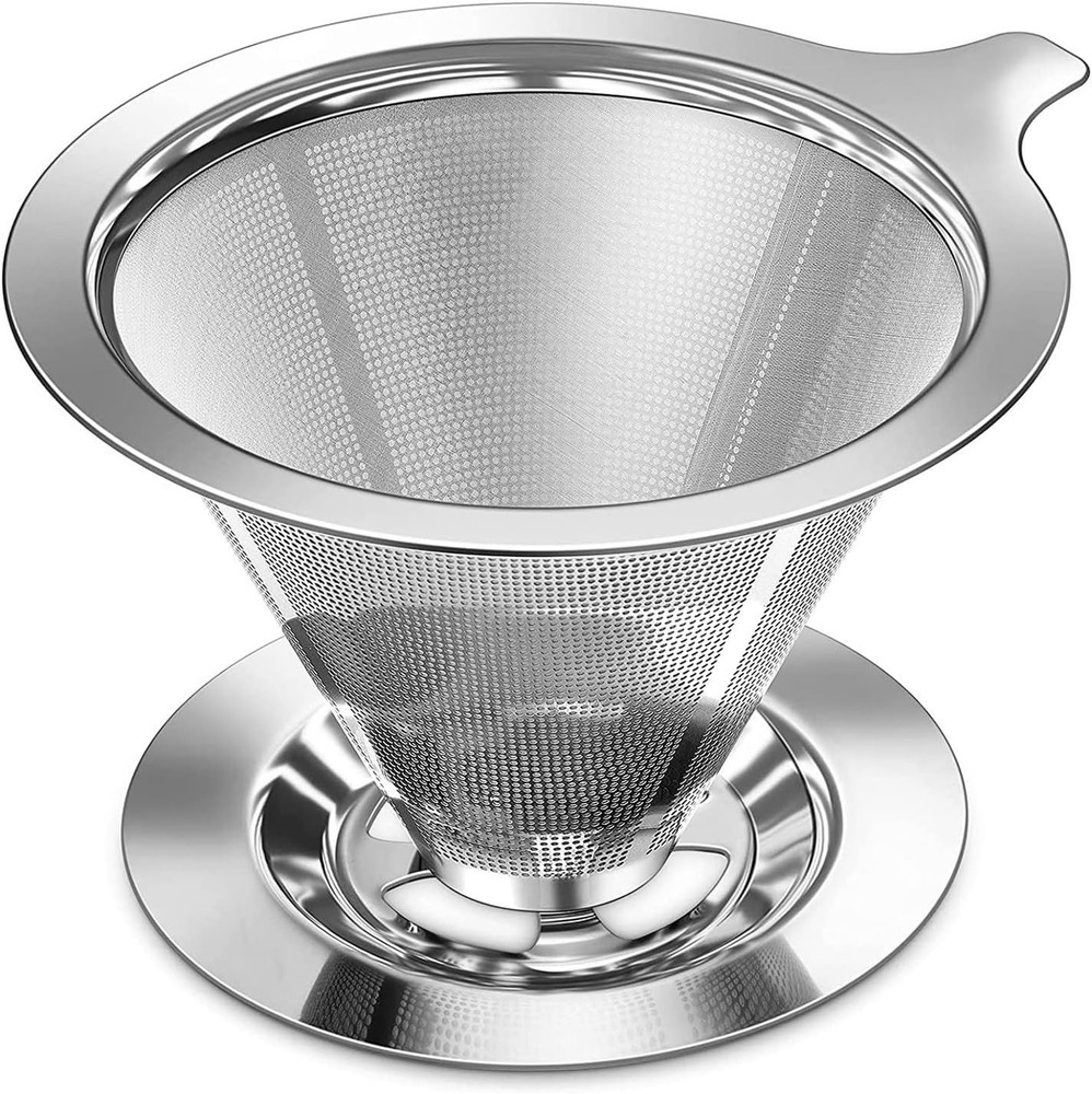 Pour Over Coffee Dripper Stainless Reusable Paperless Double Mesh Cone Filter