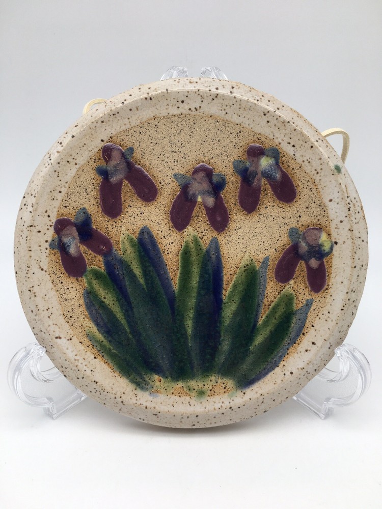 Studio Crafted Art Pottery Hand Painted Iris Wall Plaque Stoneware Signed