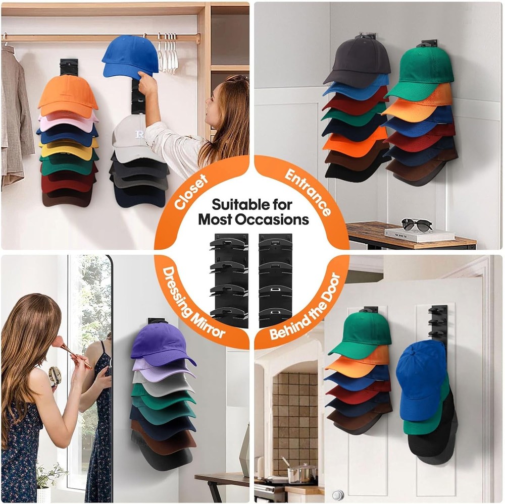 2 Pack Hat Organizer for Baseball Caps, Rack Wall with Strong Black