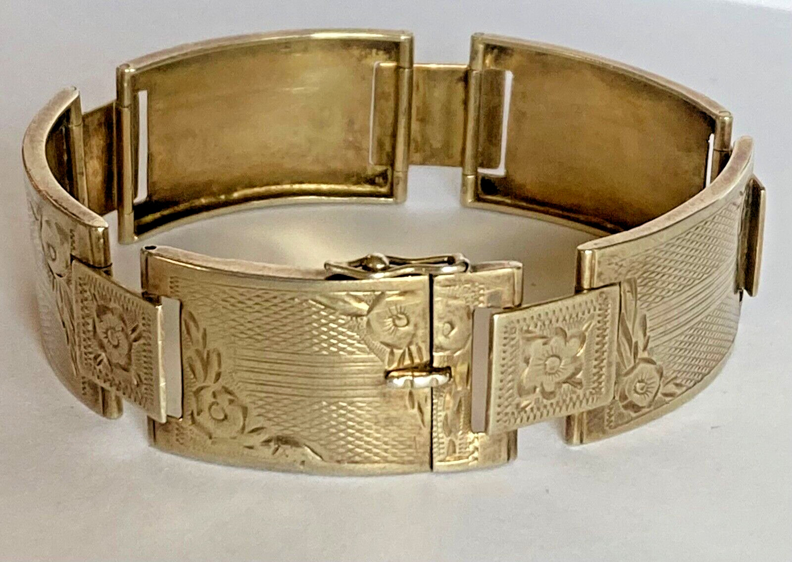 VintageGold Vermeil 835 Silver Floral Hinged Panel Bracelet-Very Rare-Hallmarked