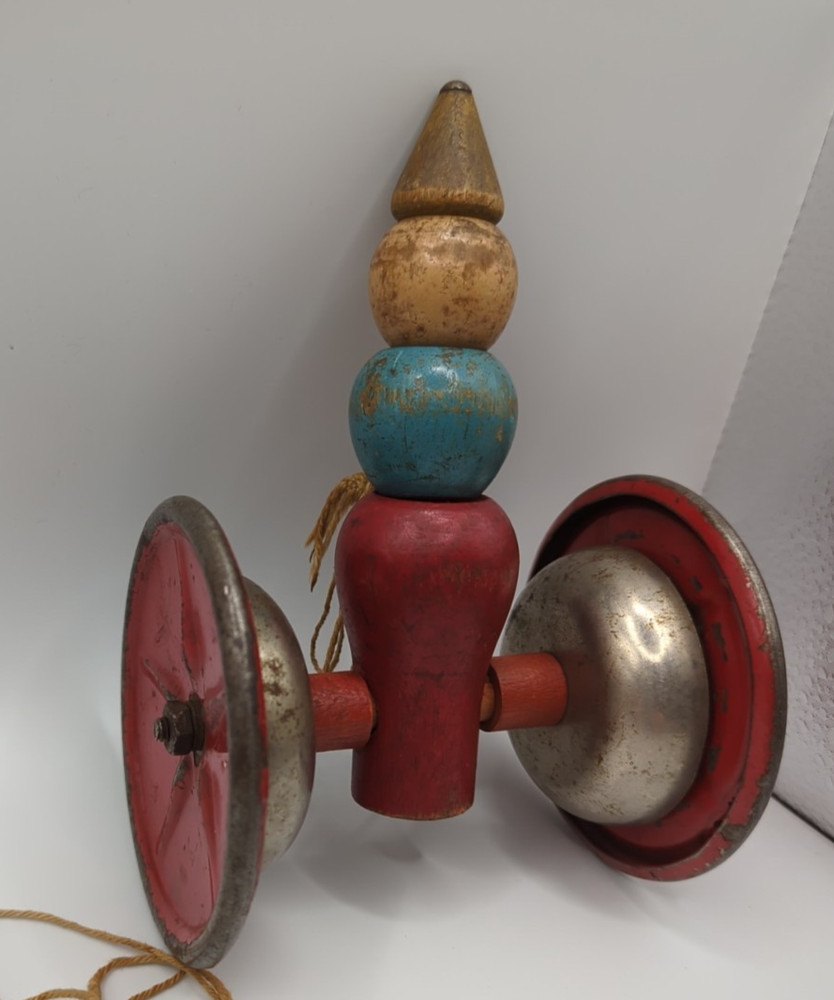 Antique Wooden Pull Toy Steel Wheels Ring When Pulled