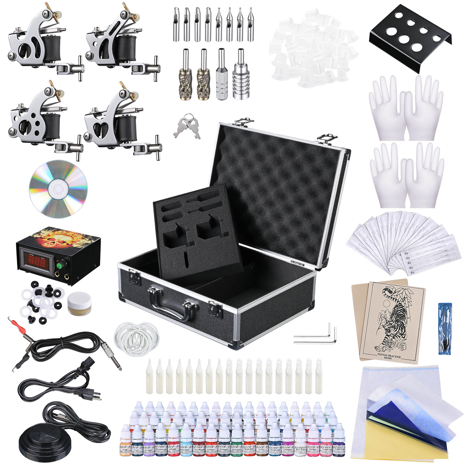 Complete Tattoo Machine Kit 4 Guns 54 Ink Power Supply Needles Grip Tip w/ Case
