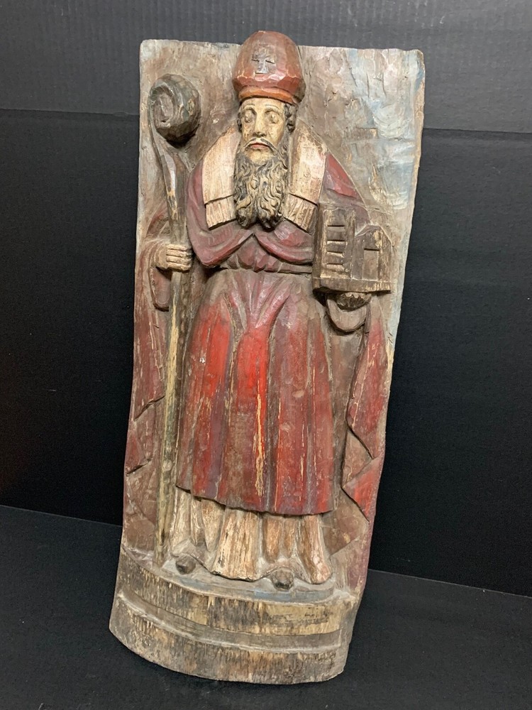 LARGE CARVED WOOD RELIGIOUS POLYCHROME SAINT AUGUSTINE PLAQUE