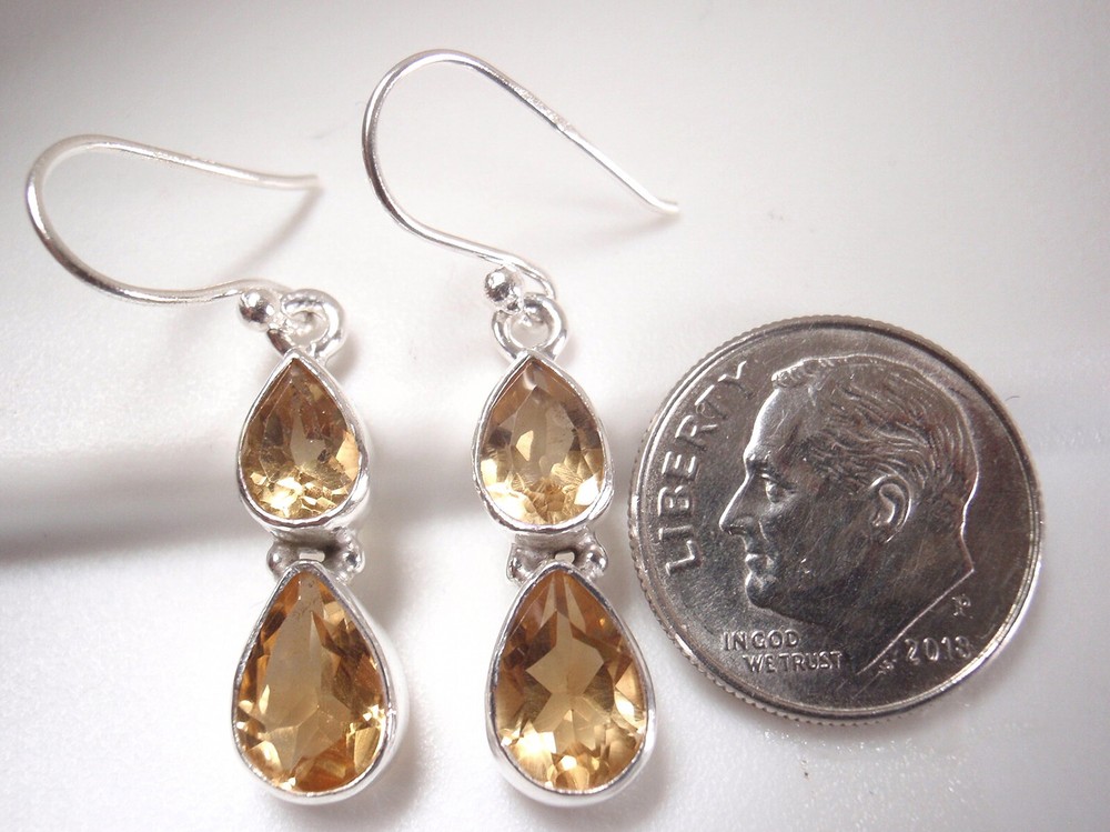 Faceted Citrine Double Gem Teardrop 925 Sterling Silver Dangle Earrings