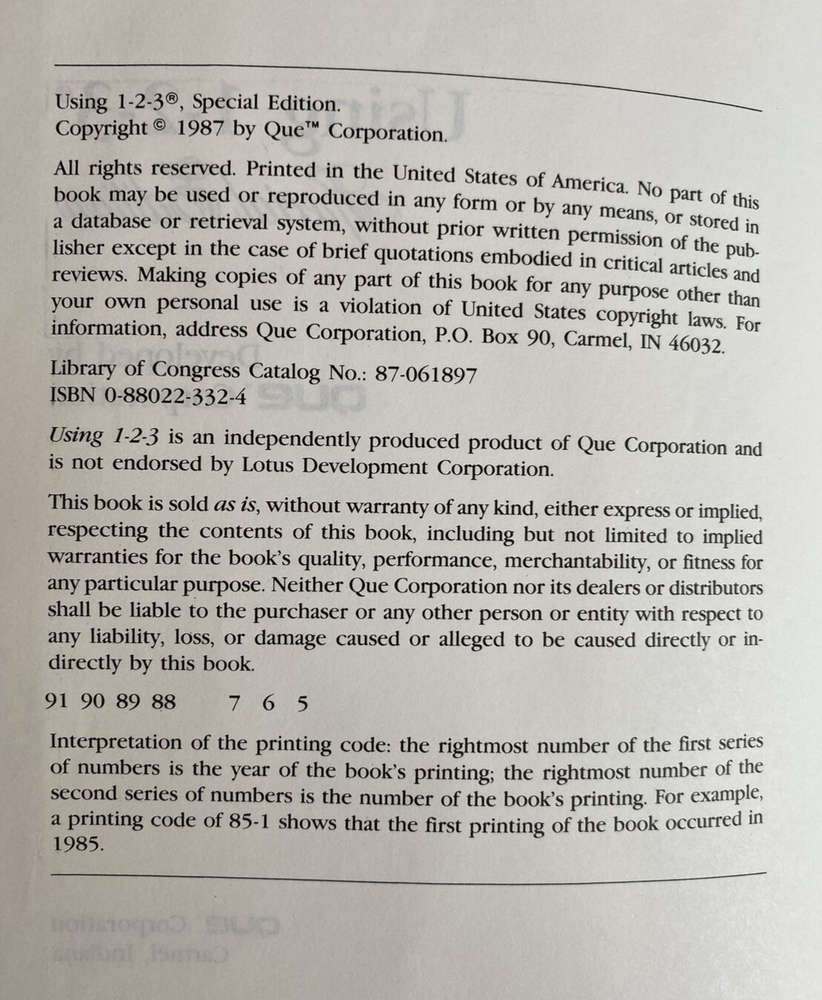 Vtg 1987 "USING 123 Special Edition" Spreadsht Manual Command Reference Card Que