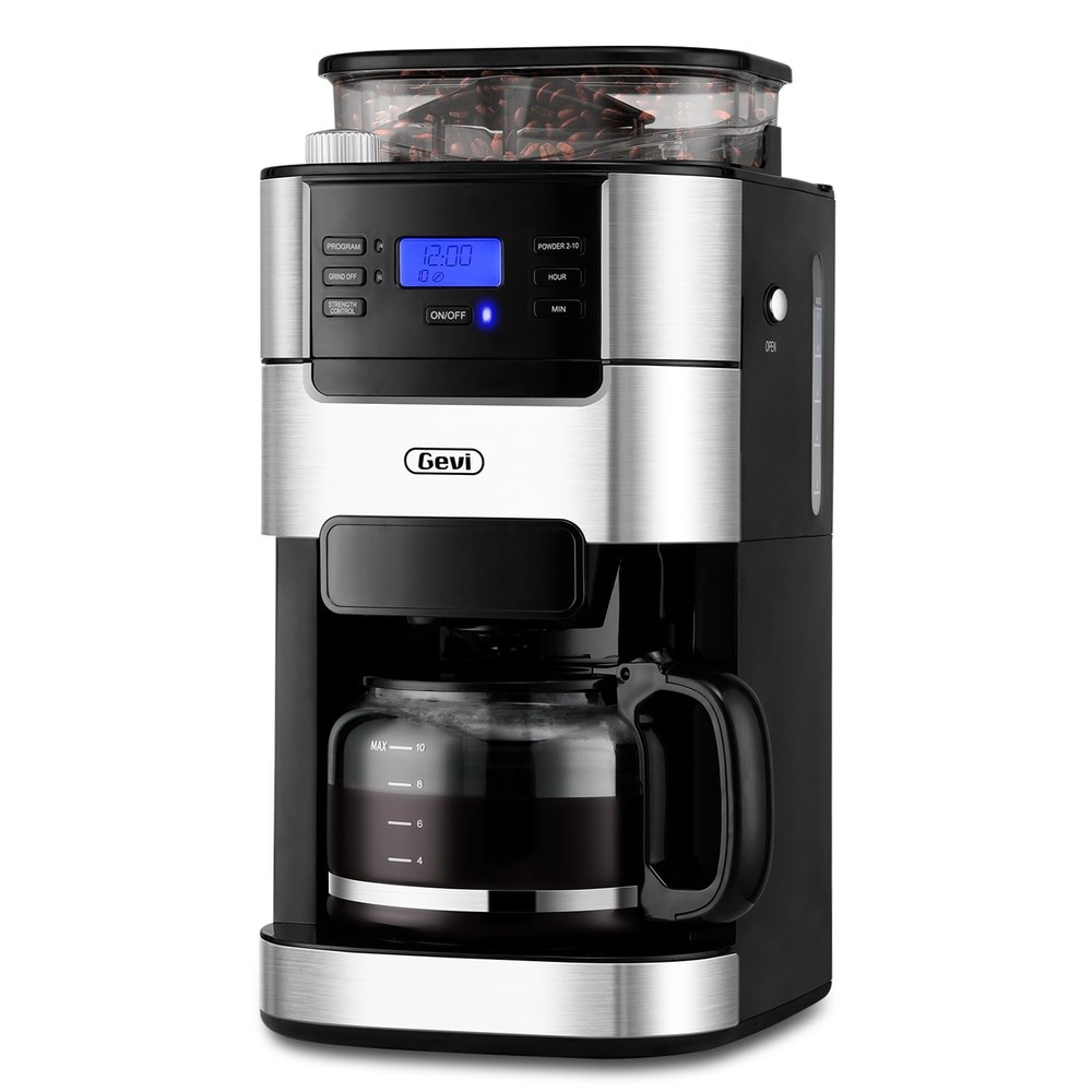 10-Cup Drip Coffee Maker with Built-in Grinder, Programmable Brew Coffee Machine