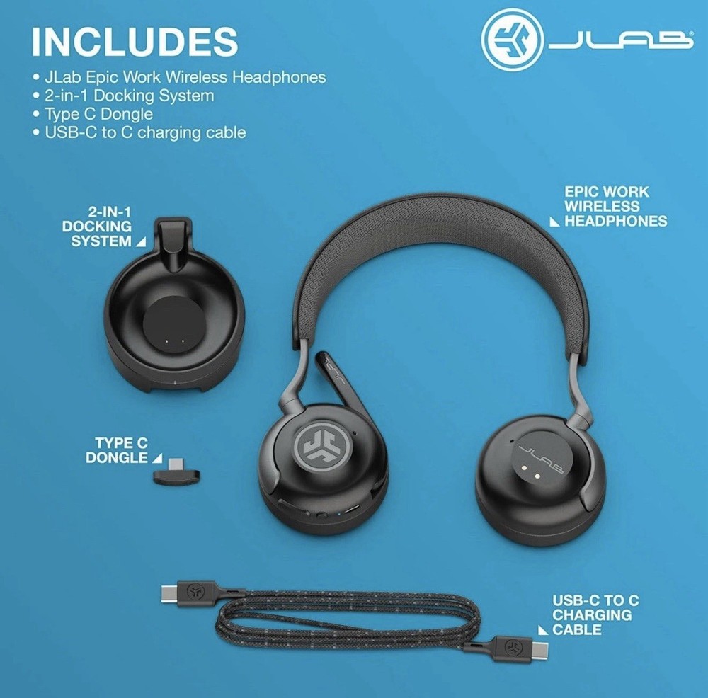 JLab Epic Work Wireless Headset with Microphone, Smart Active Noise Cancellation