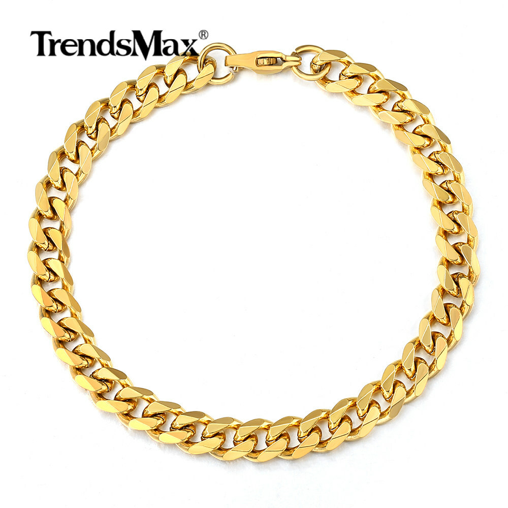 3/5/7/9/11mm 14K Gold Plated Stainless Steel Curb Cuban Chain Bracelet Men 7-11"
