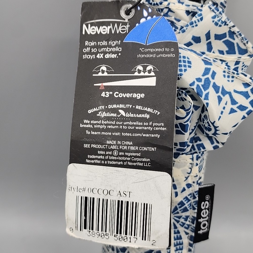 Totes Never Wet Blue & White Floral Design, 43" Coverage Auto Open