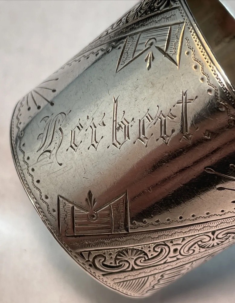 Large Brite Cut Sterling Silver Napkin Ring Name Engraved “HERBERT”