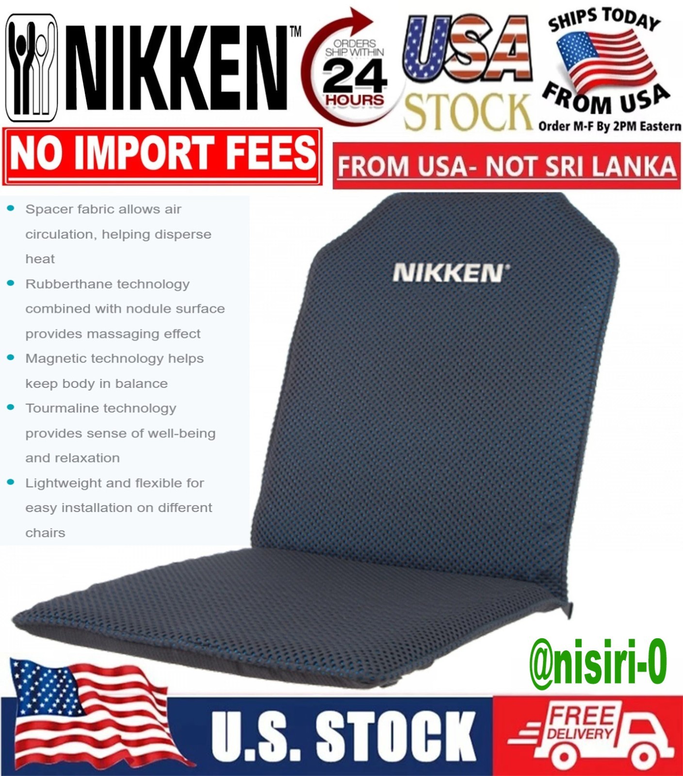 Nikken KenkoSeat II Magnetic Car & Office Chair Cushion Back Support Pad 18"x42"