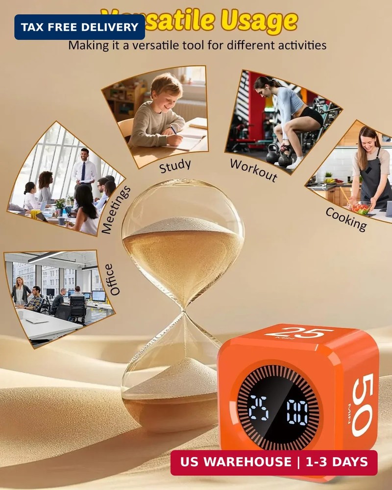 Digital Pomodoro Timer Cube 5/10/25/50min, Visual Productivity Flip Timer for Ki