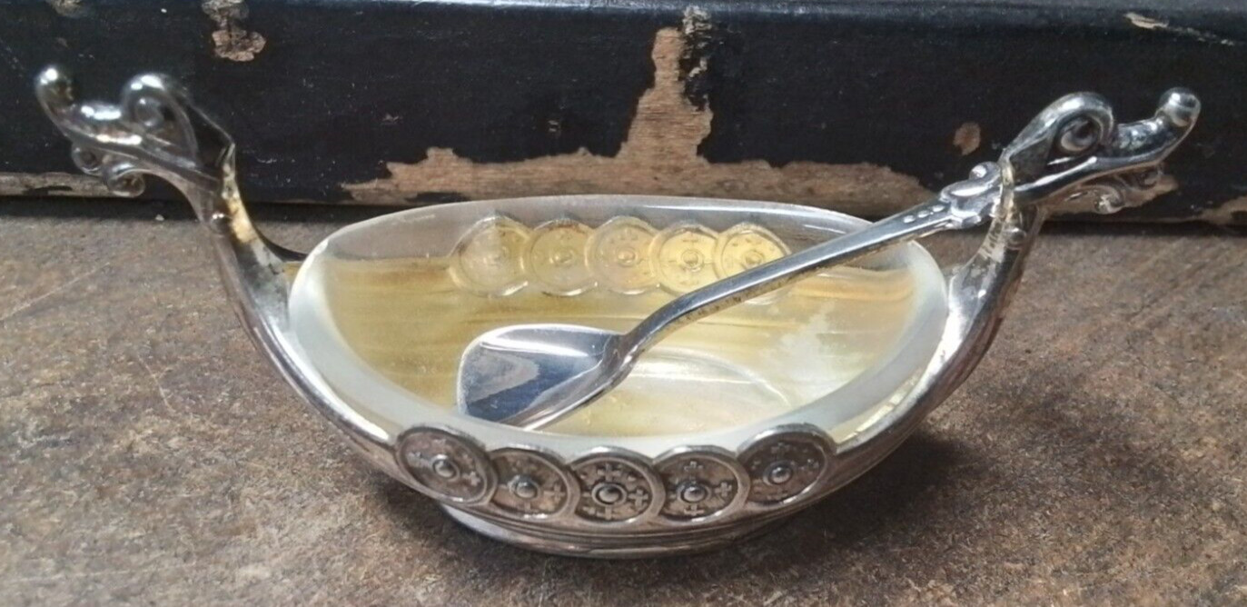 Theodore Olsen Norway Gilt Sterling Silver Viking Salt Cellar w/ Spoon