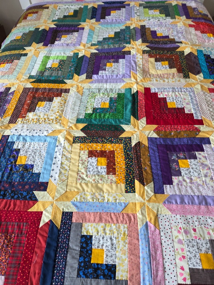Handmade Log Cabin & Star Patterned Quilt 70" x 74" #11