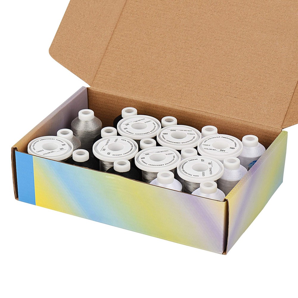 Embroidery Machine Thread Kit 800Y 21 Spools Black White Silver Grey