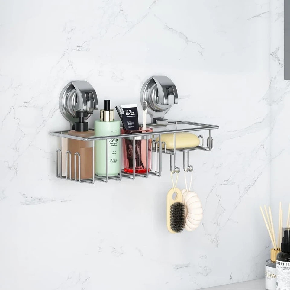 Suction Cup Shower Shelf Caddy Soap Dish with Hooks for Sponge Rust Proof