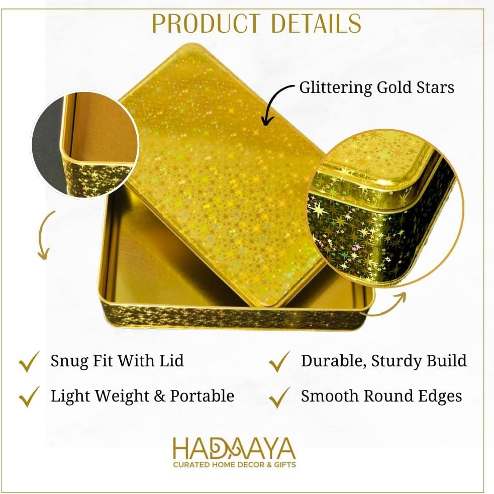 Gold Glitter Single Piece Empty Rectangular Tin Container W/ Lid Multipurpose