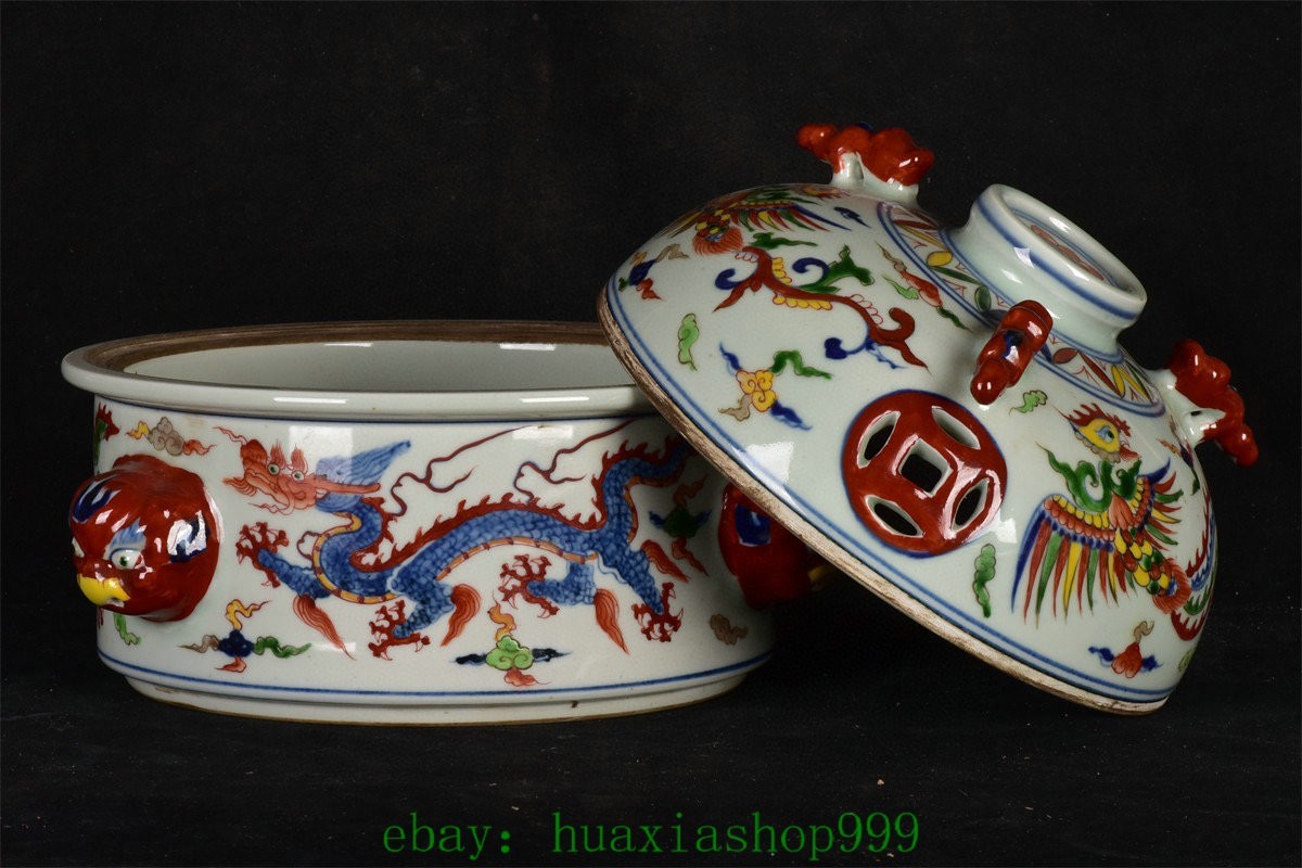 10.2"Wucai Porcelain Dragon Loong Beast Phonix Tiger Head incense burner Censer