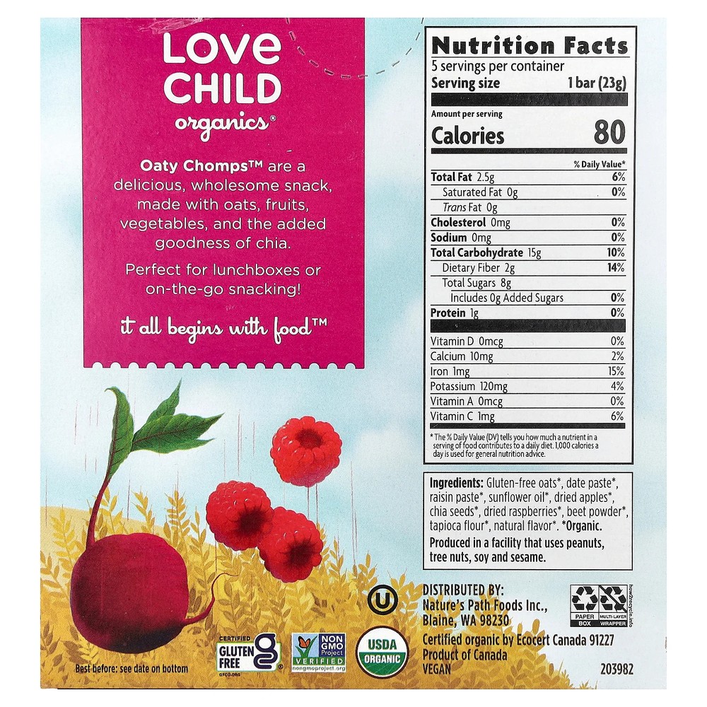Nature's Path, Oaty Chomps™ Organic Bars, 12+ Months, Raspberry + Beet, 5