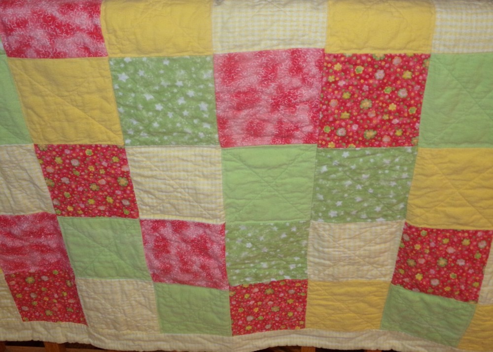 Patchwork QUILT Flannel RAG 56 x 48 Reversible Yellow Gingham & Florals